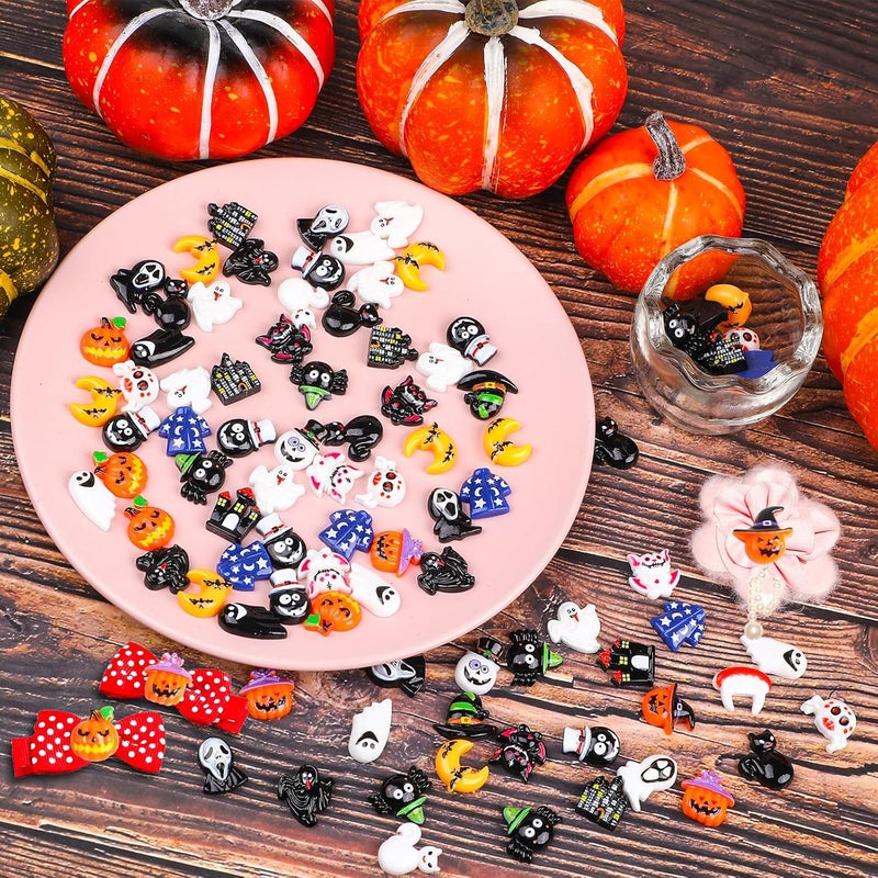 FOIMAS Halloween Resin Flatback Charms,100pcs Pumpkin Ghost Spider Embellishment Resin Miniatures for Halloween Ornament Supply - Image 5